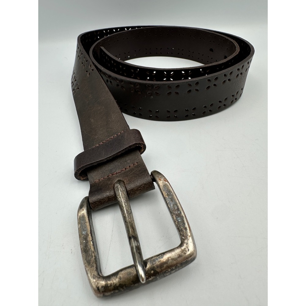 Vintage 80s 90s Italian Genuine Leather Floral Cutout Belt XL Brown Silver Boho